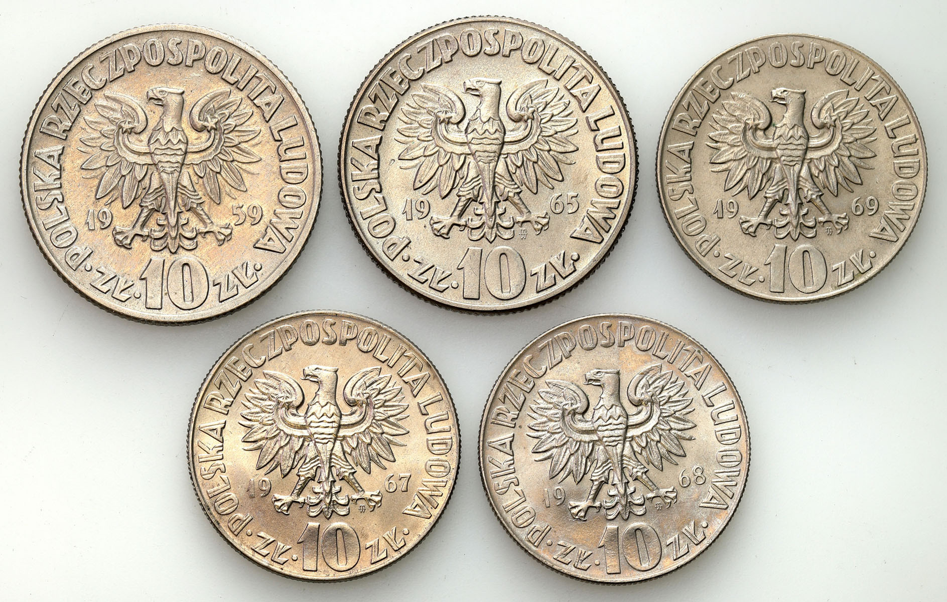 PRL. 10 złotych 1959- 1971 Kopernik, zestaw 5 monet